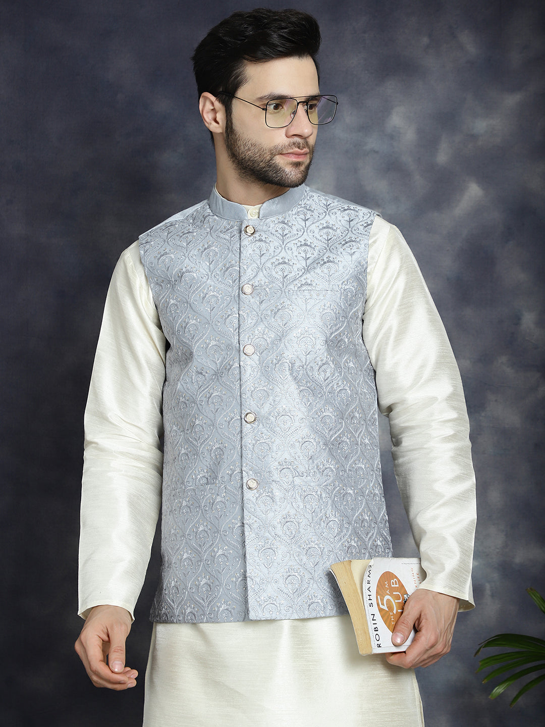 Jompers Men's Sequins and Embroidred Nehru Jacket - Grey | Grocsy