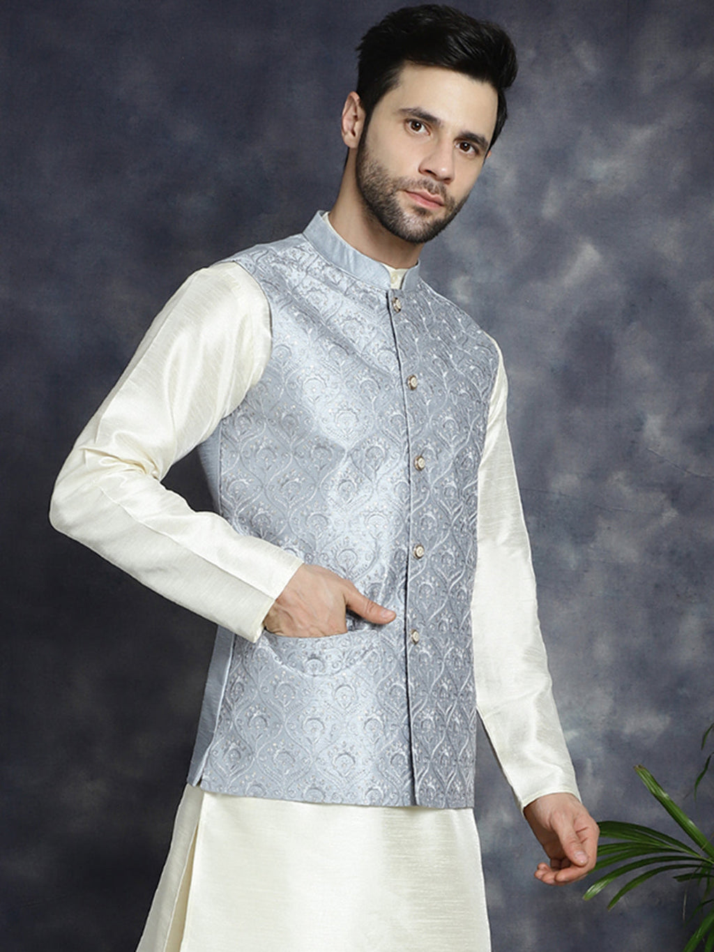 Jompers Men's Sequins and Embroidred Nehru Jacket - Grey | Grocsy