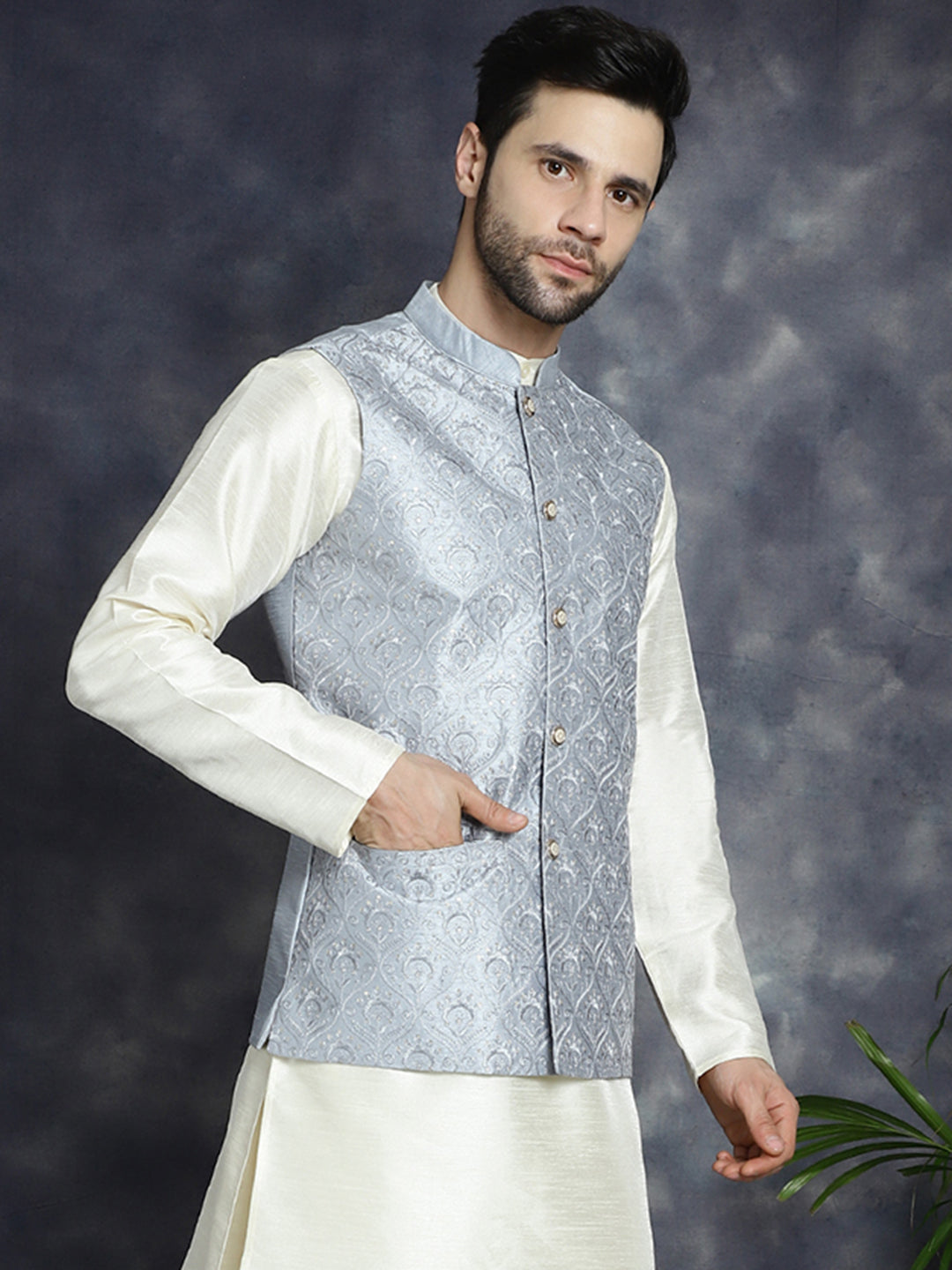 Jompers Men's Sequins and Embroidred Nehru Jacket - Grey | Grocsy