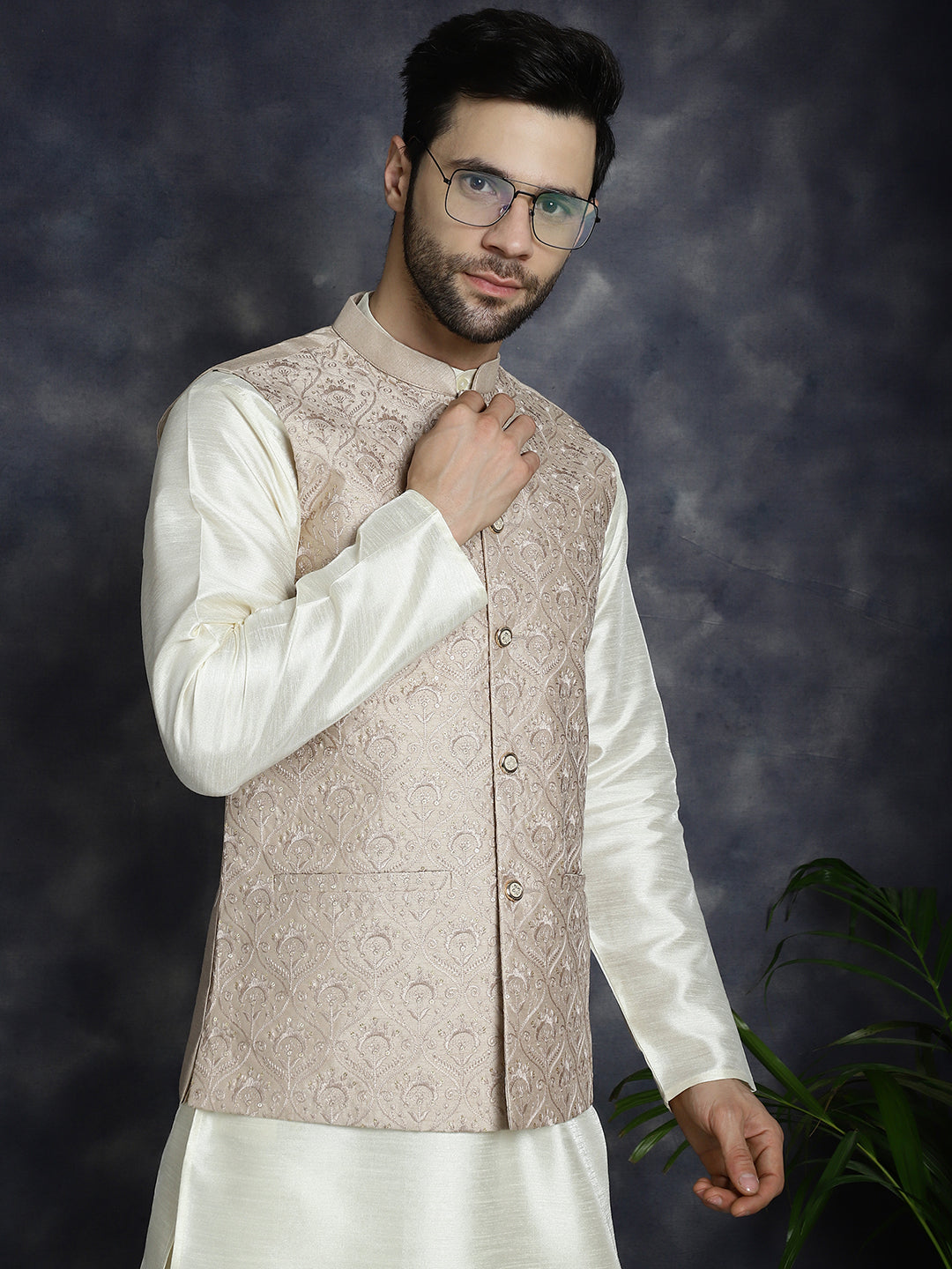 Jompers Men's Sequins and Embroidred Nehru Jacket - Peach | Grocsy