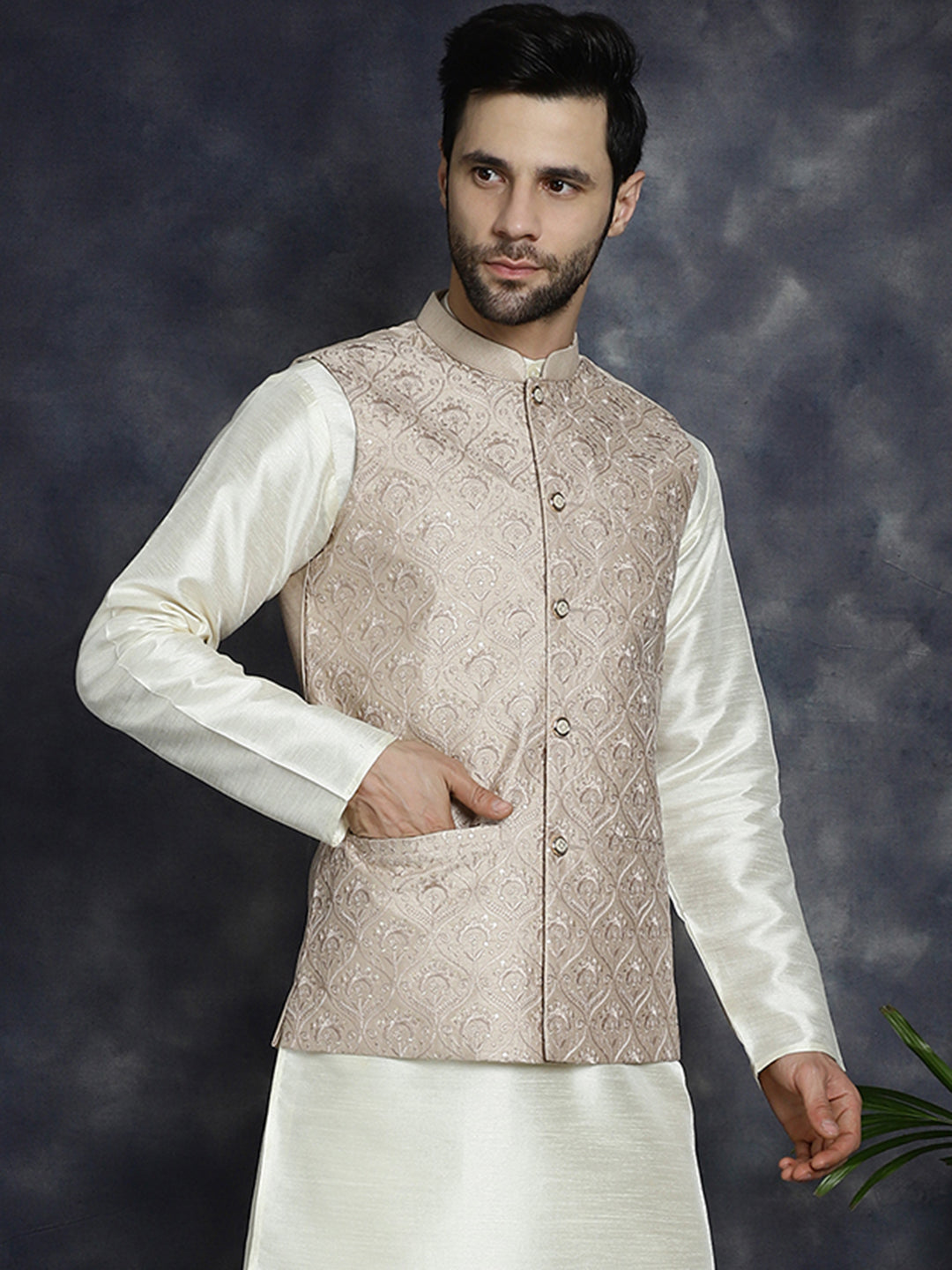 Jompers Men's Sequins and Embroidred Nehru Jacket - Peach | Grocsy