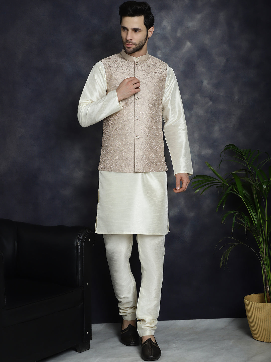Jompers Men's Sequins and Embroidred Nehru Jacket - Peach | Grocsy
