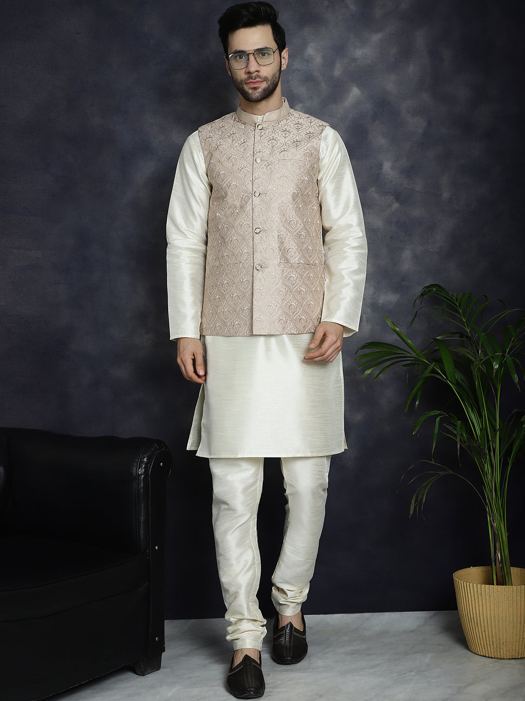Jompers Men's Sequins and Embroidred Nehru Jacket - Peach | Grocsy