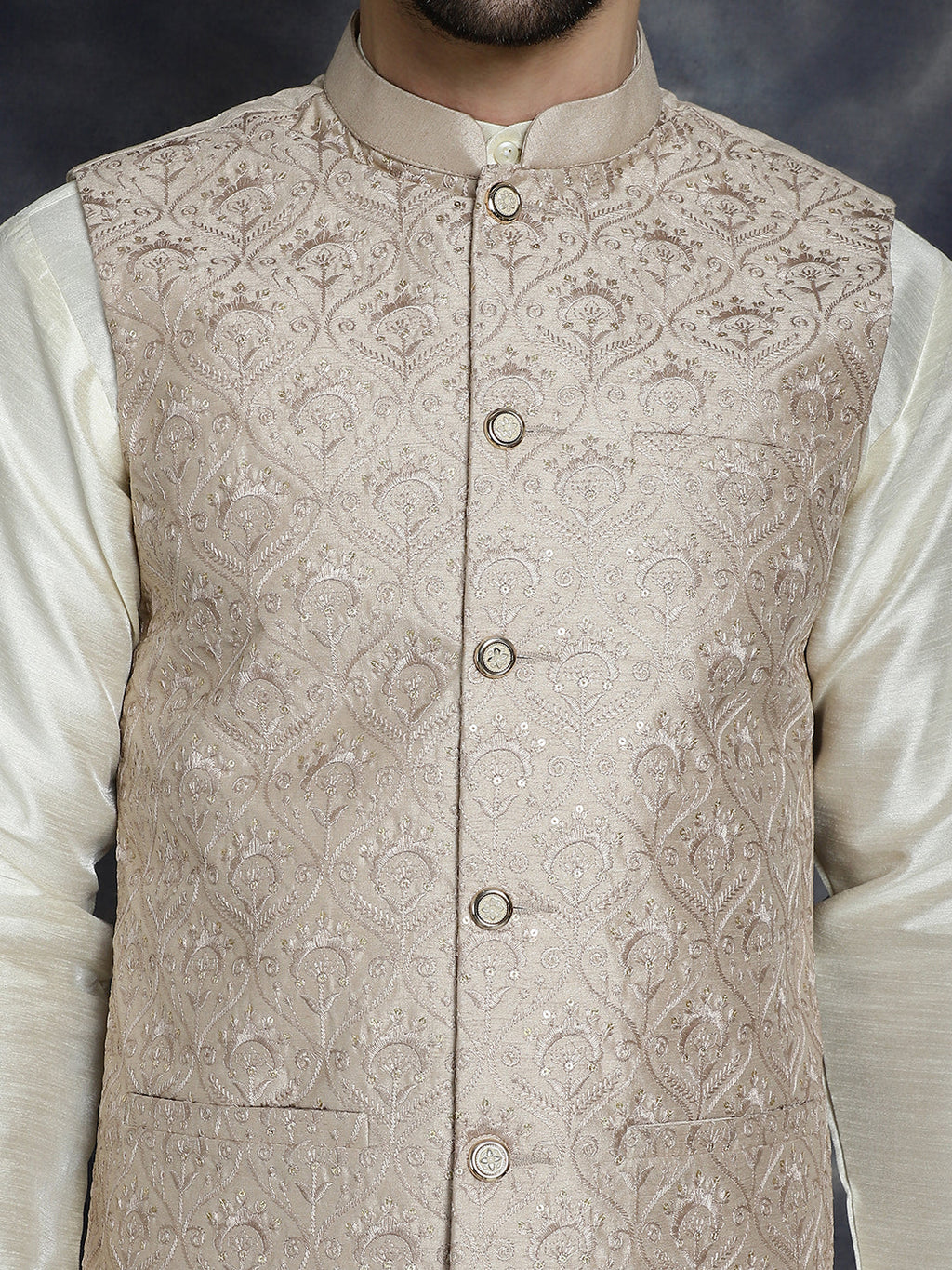 Jompers Men's Sequins and Embroidred Nehru Jacket - Peach | Grocsy