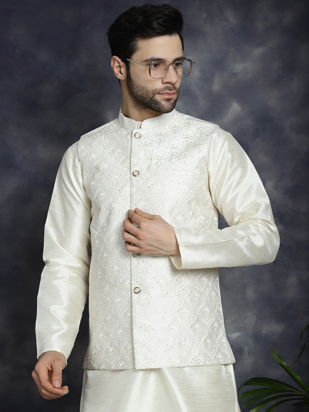 Jompers Men's Sequins and Embroidred Nehru Jacket - White | Grocsy