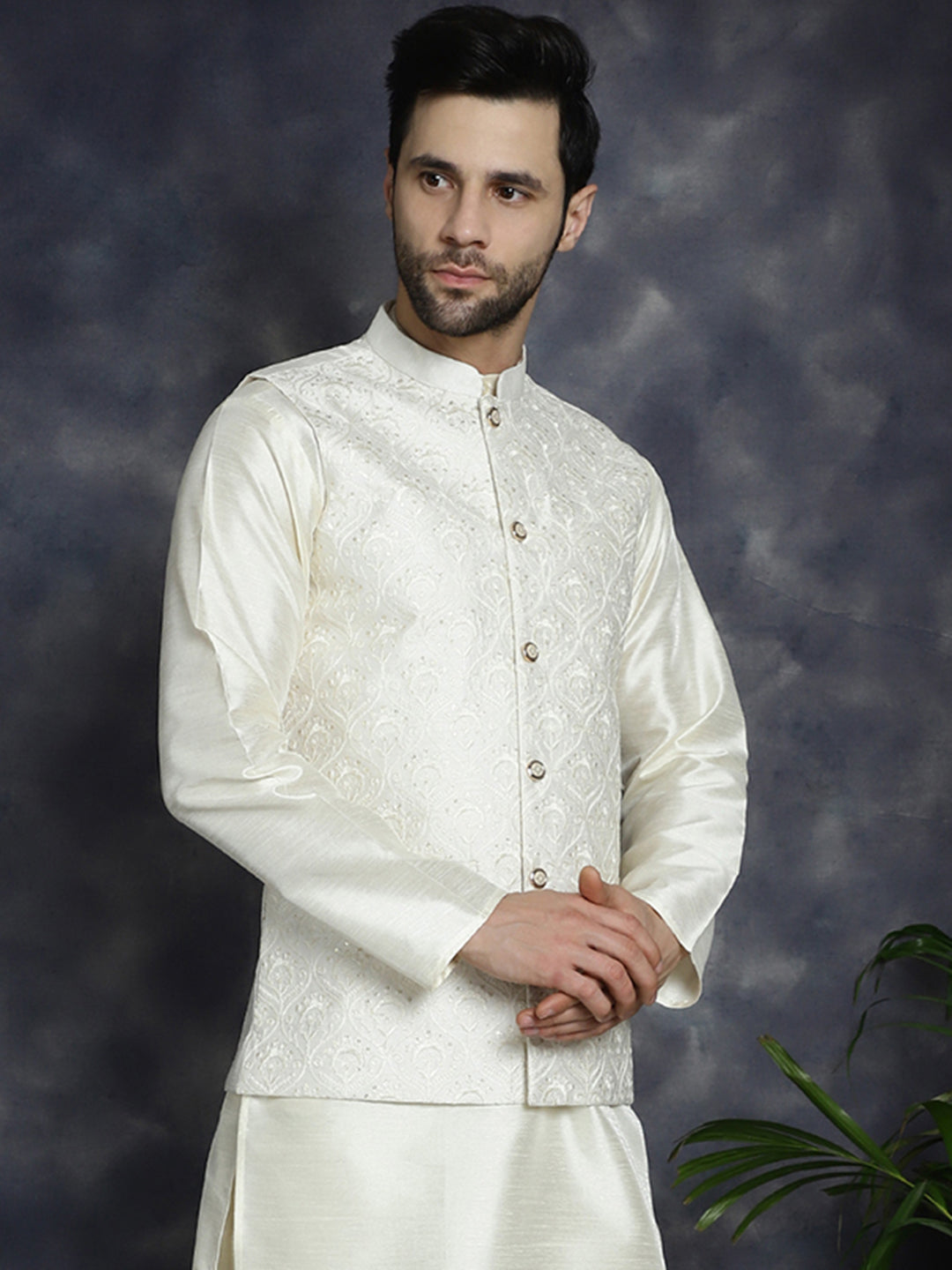 Jompers Men's Sequins and Embroidred Nehru Jacket - White | Grocsy