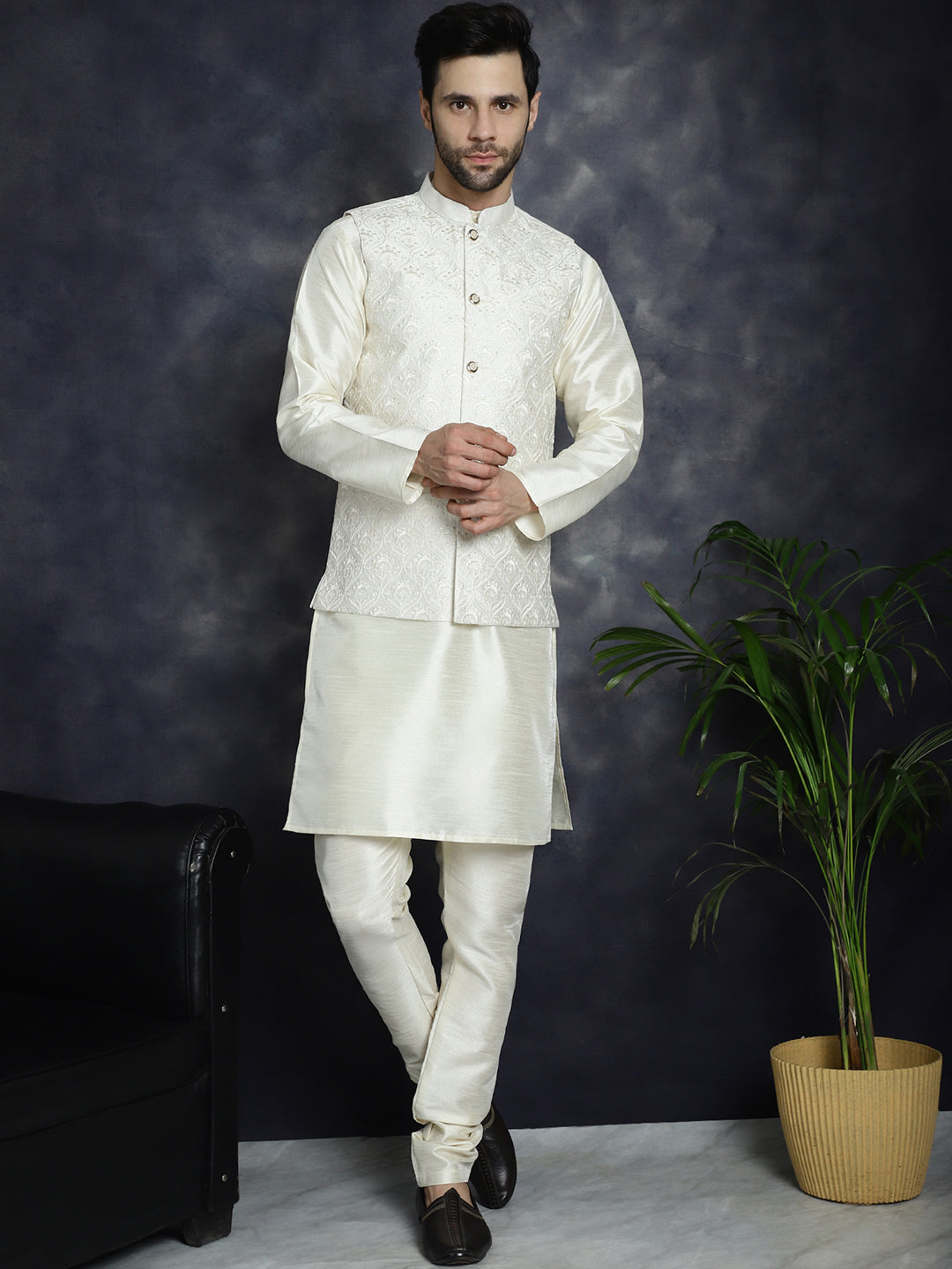 Jompers Men's Sequins and Embroidred Nehru Jacket - White | Grocsy