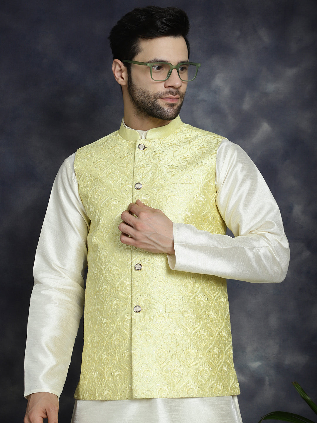 Jompers Men's Sequins and Embroidred Nehru Jacket - Yellow | Grocsy