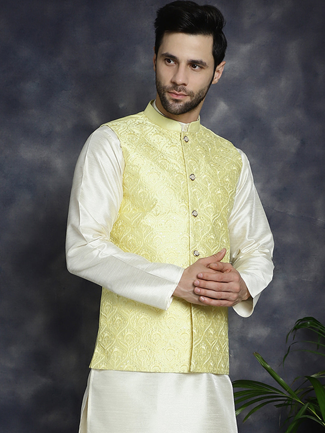 Jompers Men's Sequins and Embroidred Nehru Jacket - Yellow | Grocsy