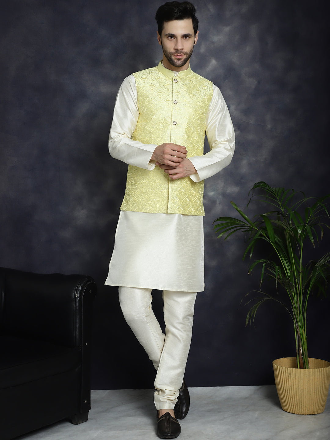 Jompers Men's Sequins and Embroidred Nehru Jacket - Yellow | Grocsy