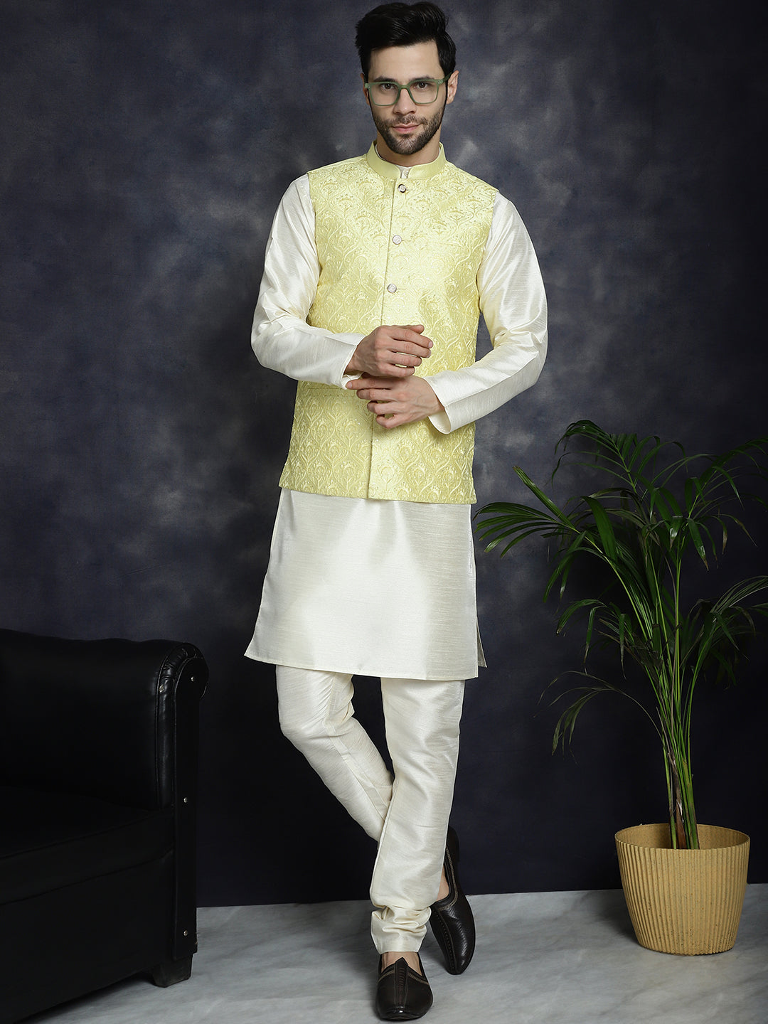 Jompers Men's Sequins and Embroidred Nehru Jacket - Yellow | Grocsy