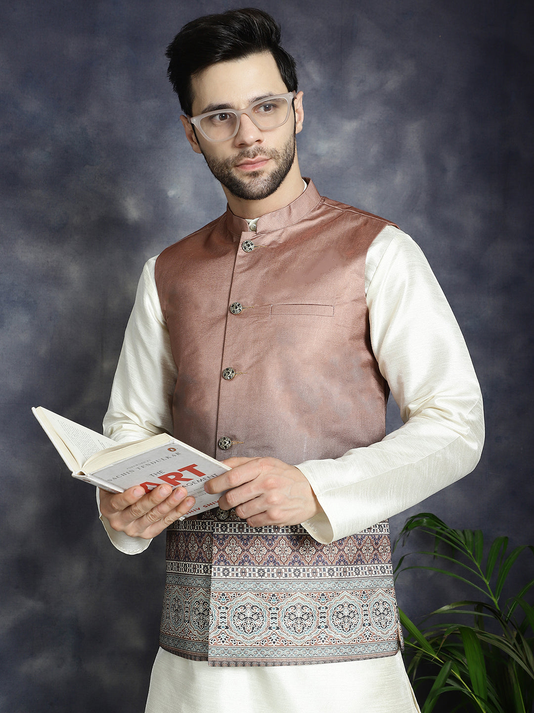 Jompers Men's Printed Nehru Jacket - Brown | Grocsy