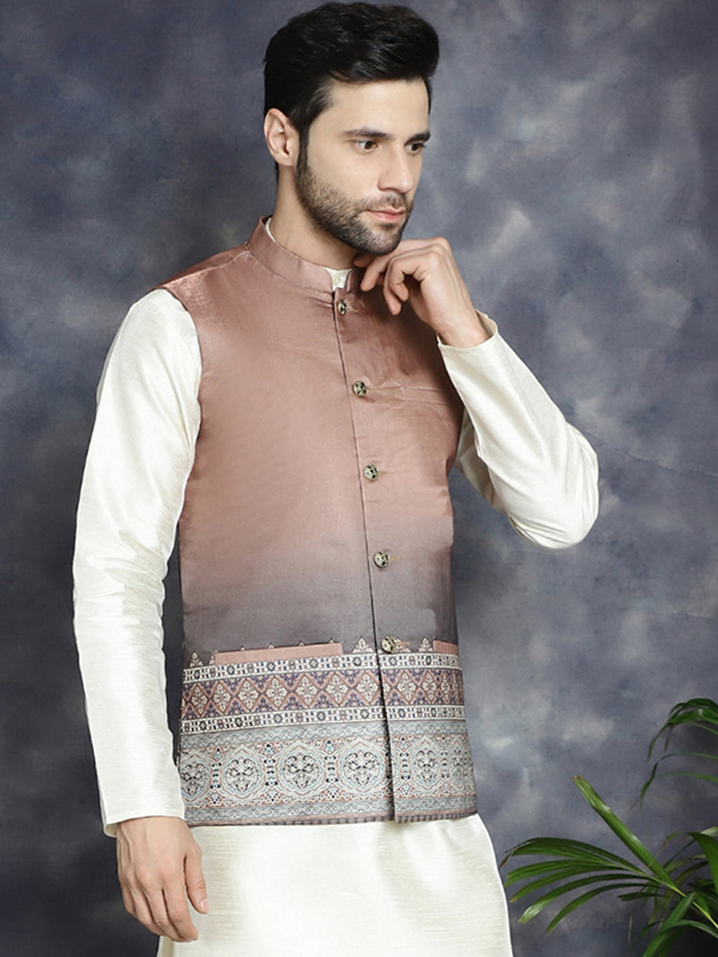 Jompers Men's Printed Nehru Jacket - Brown | Grocsy