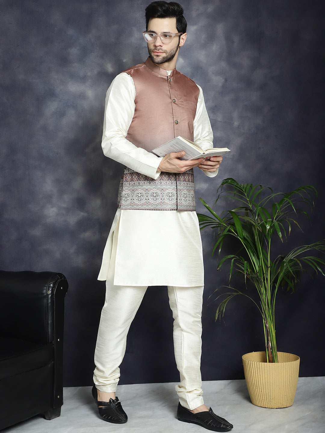 Jompers Men's Printed Nehru Jacket - Brown | Grocsy