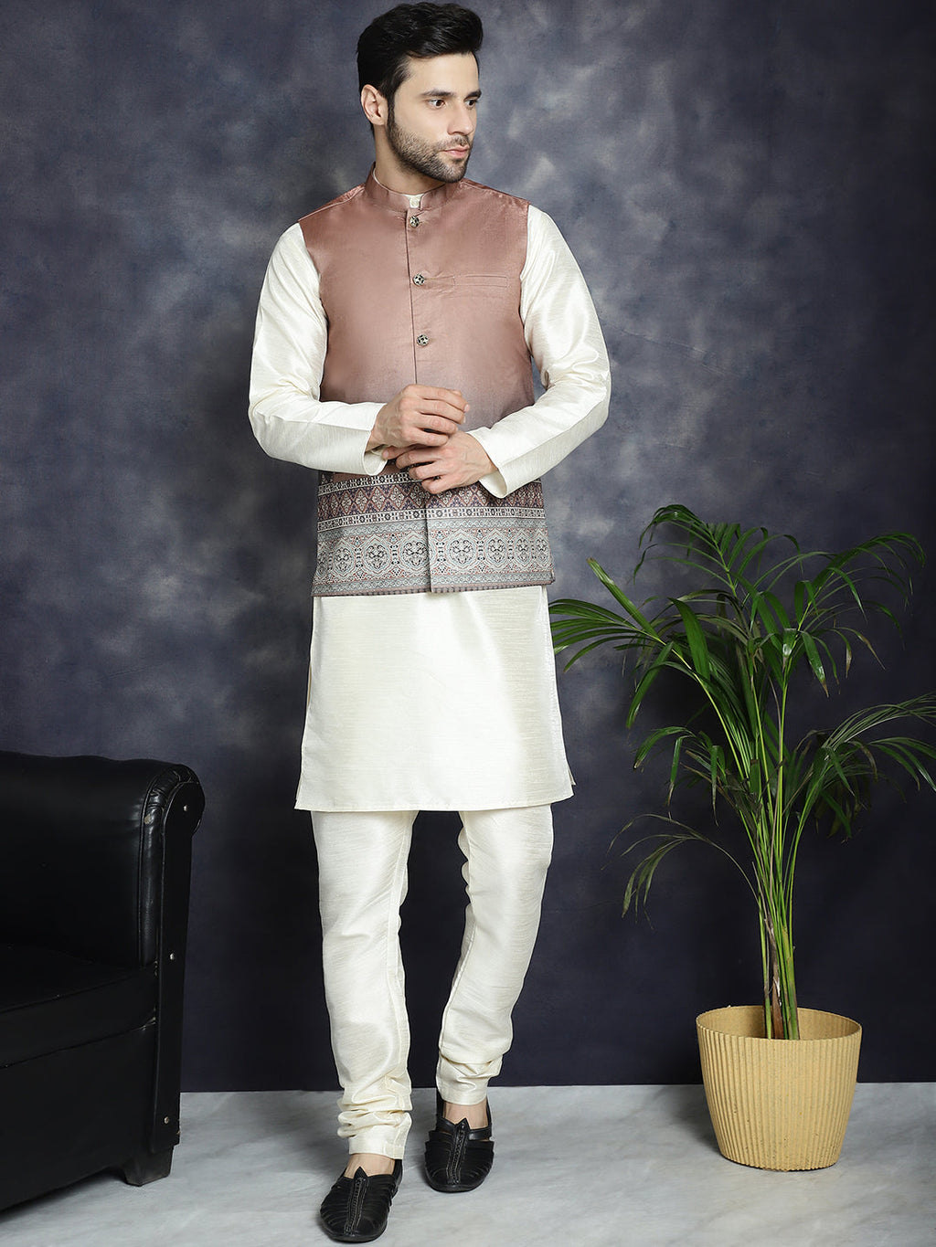 Jompers Men's Printed Nehru Jacket - Brown | Grocsy