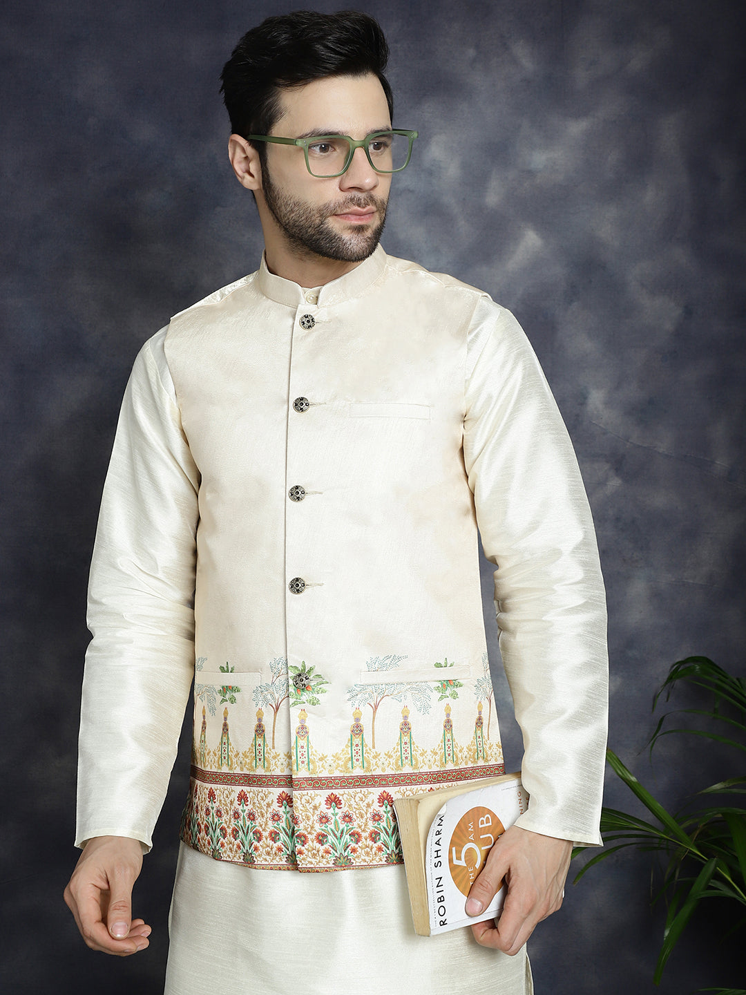 Jompers Men's Printed Nehru Jacket - Golden | Grocsy