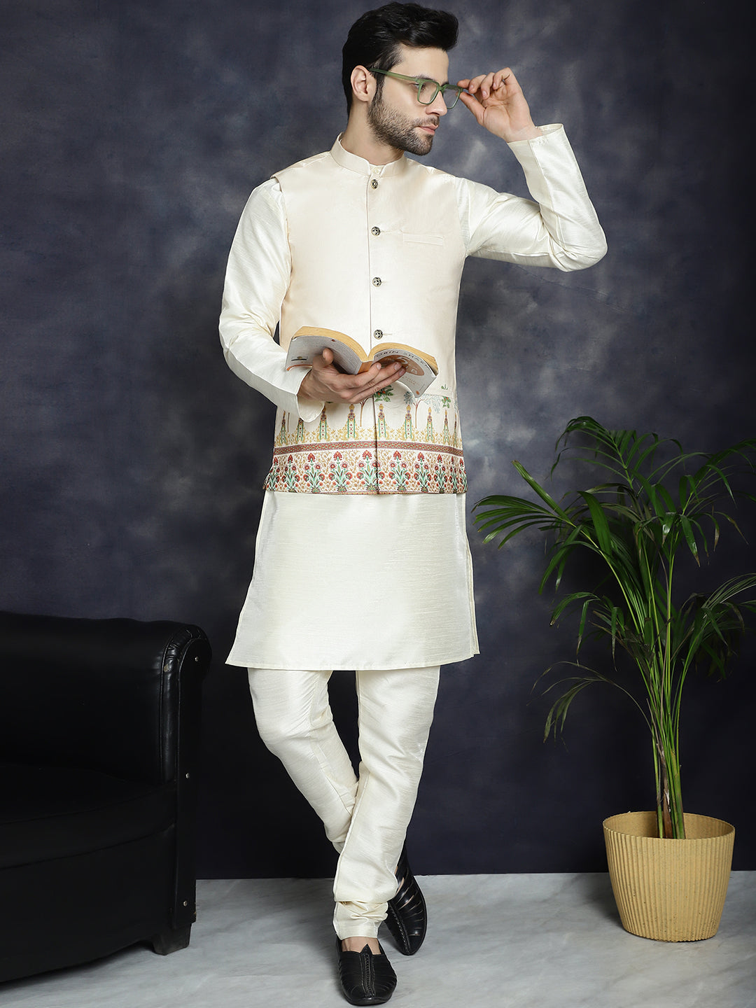 Jompers Men's Printed Nehru Jacket - Golden | Grocsy