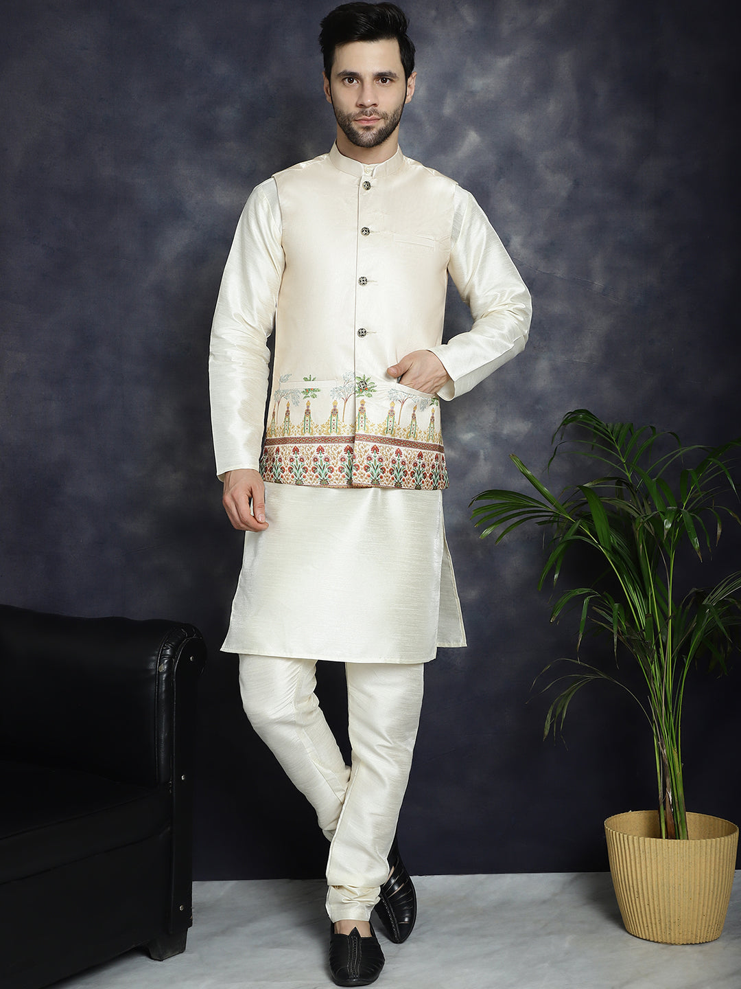 Jompers Men's Printed Nehru Jacket - Golden | Grocsy