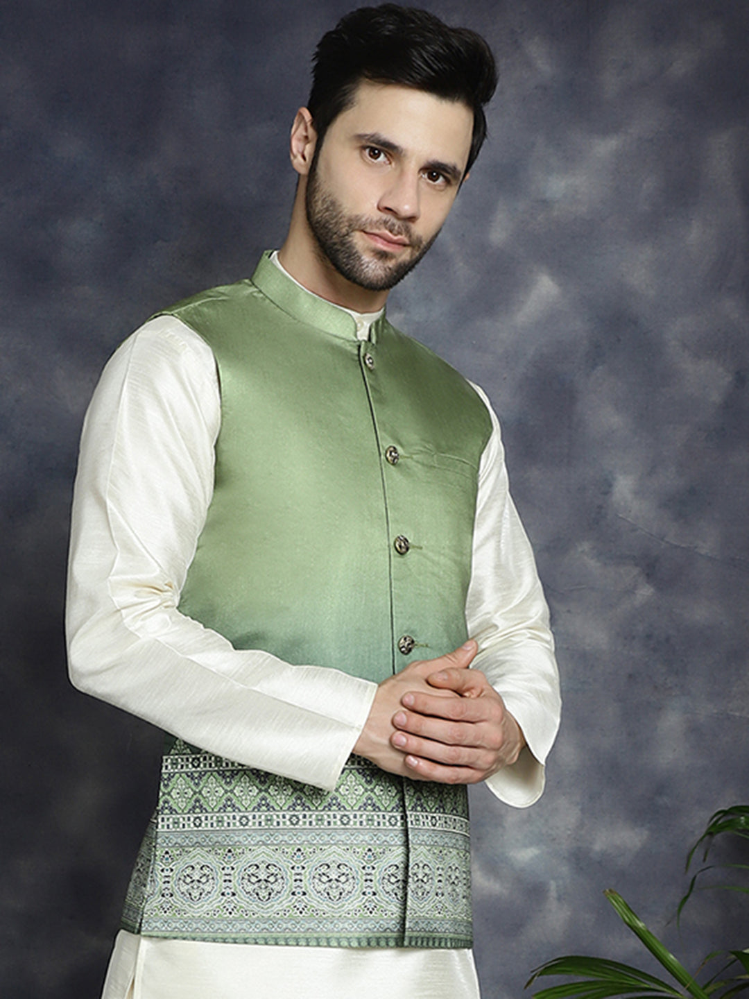 Jompers Men's Printed Nehru Jacket - Green | Grocsy