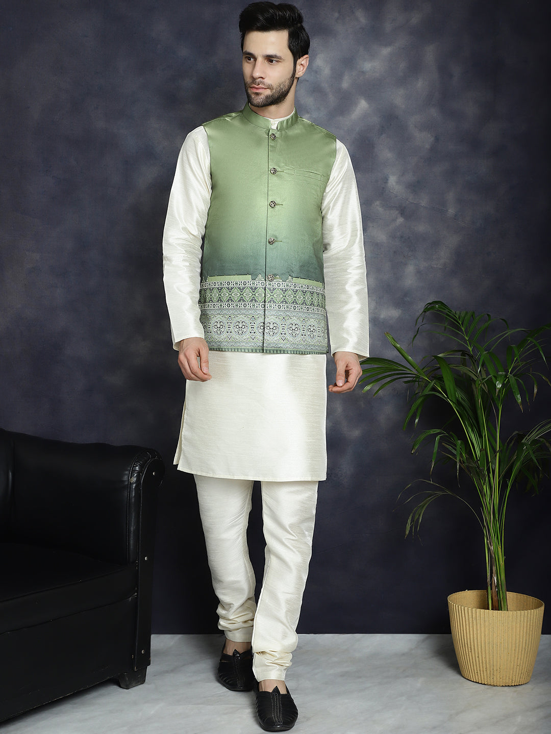 Jompers Men's Printed Nehru Jacket - Green | Grocsy