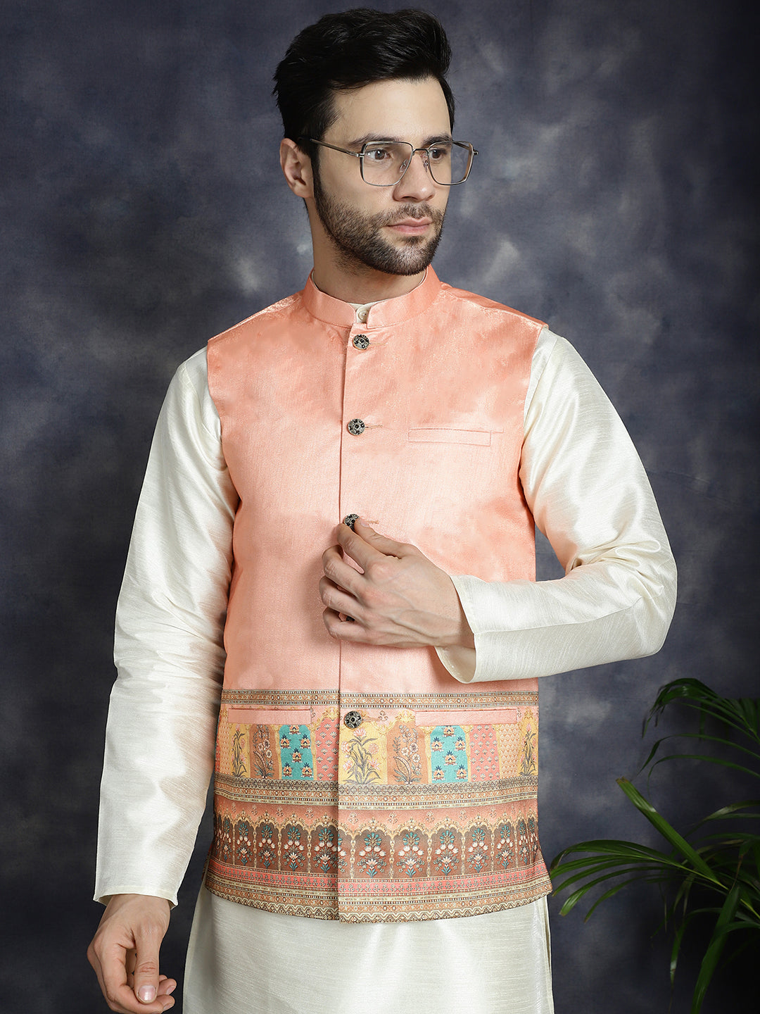 Jompers Men's Printed Nehru Jacket - Peach | Grocsy