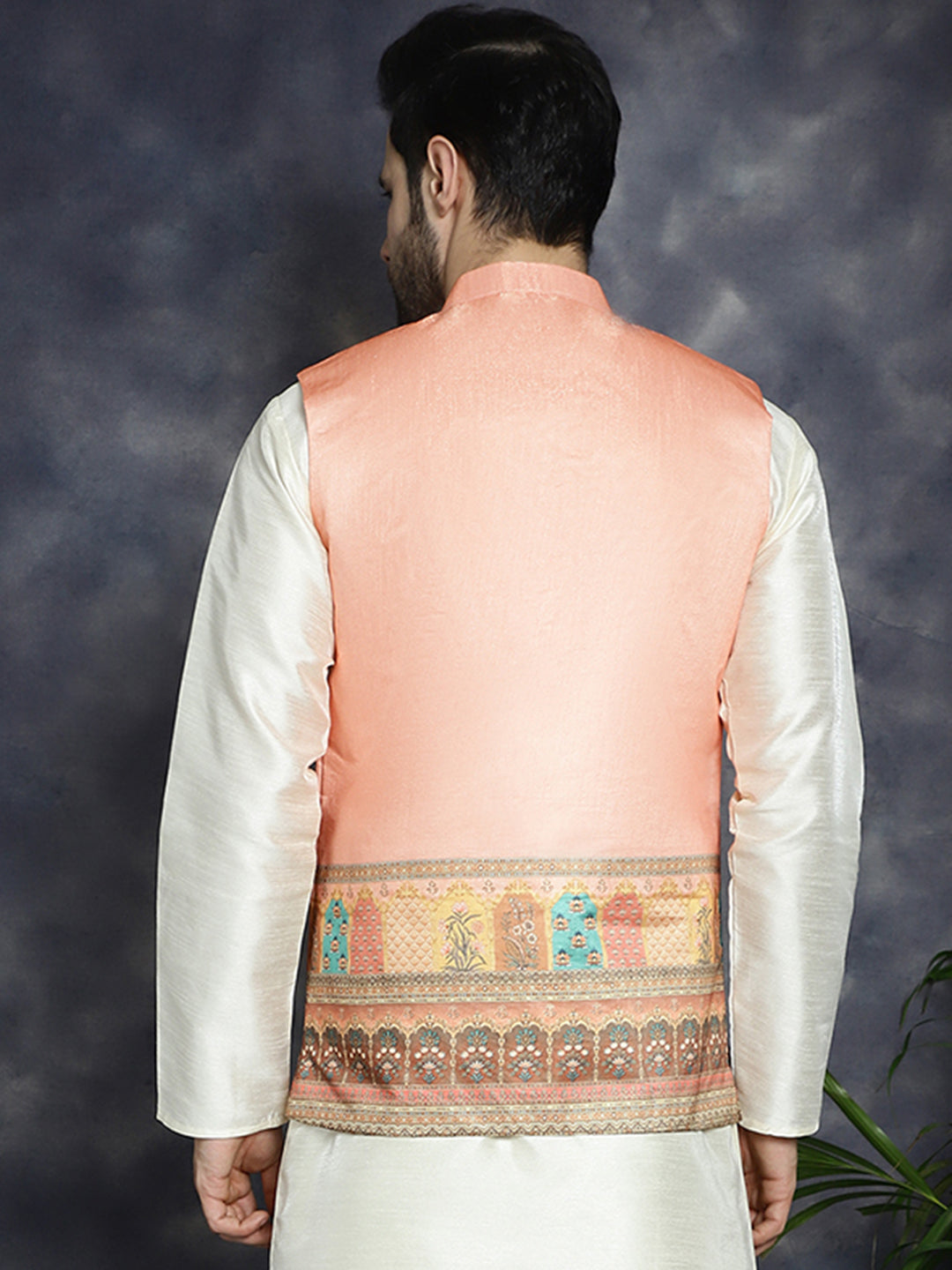 Jompers Men's Printed Nehru Jacket - Peach | Grocsy