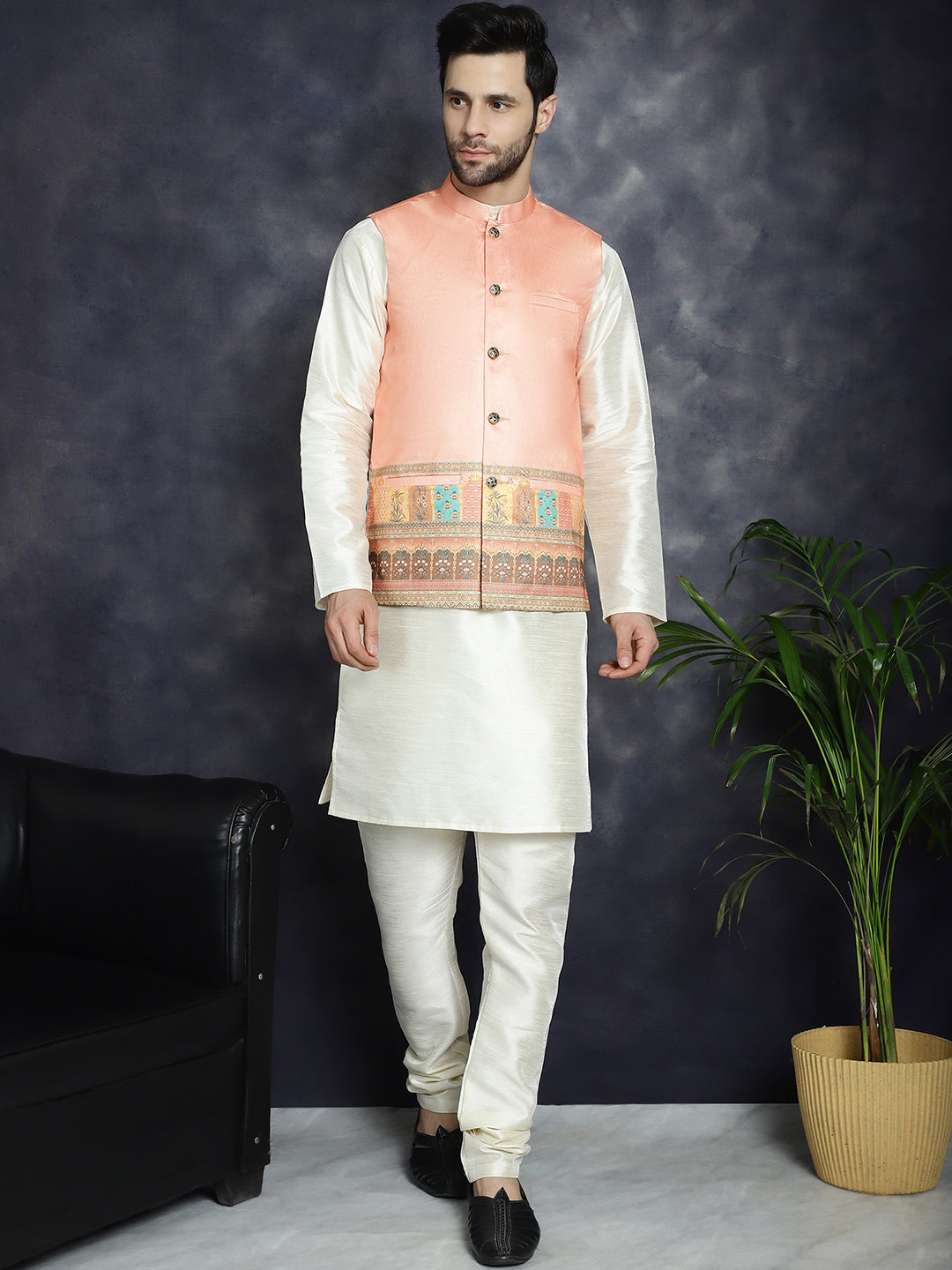 Jompers Men's Printed Nehru Jacket - Peach | Grocsy