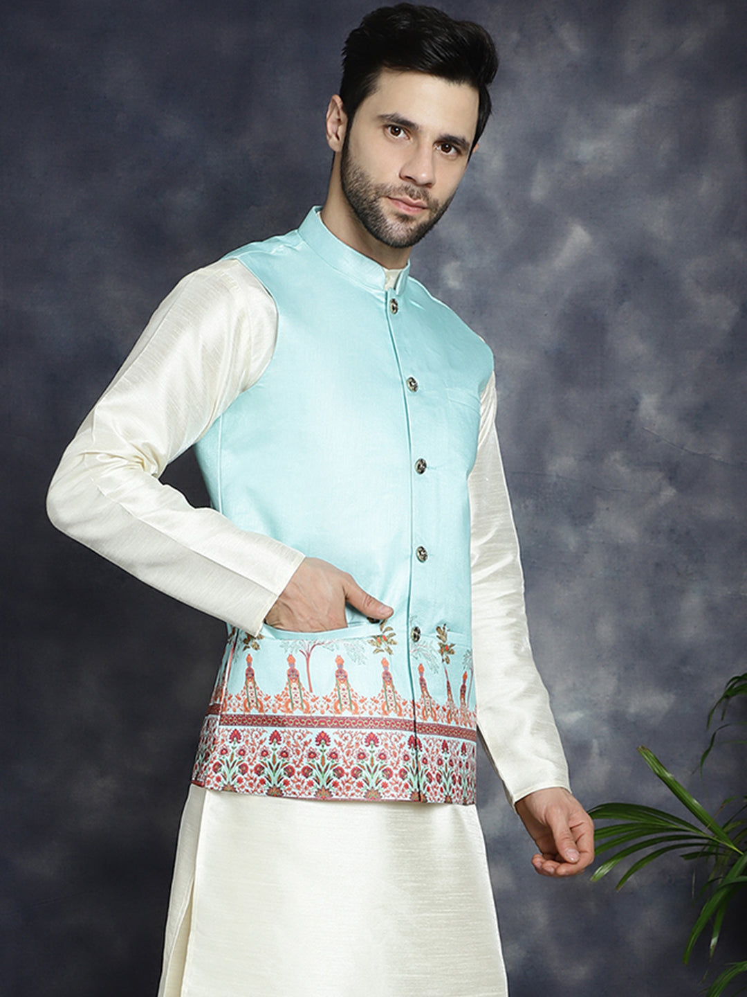 Jompers Men's Printed Nehru Jacket - Sky Blue | Grocsy