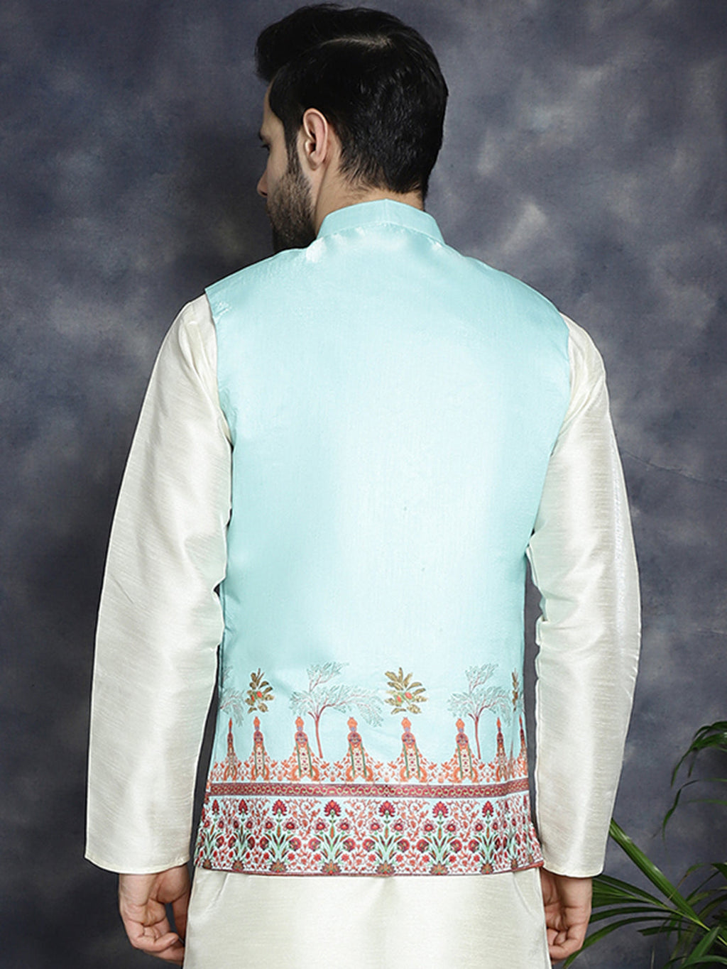 Jompers Men's Printed Nehru Jacket - Sky Blue | Grocsy