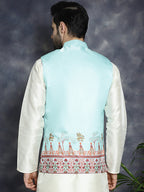 Jompers Men's Printed Nehru Jacket - Sky Blue | Grocsy