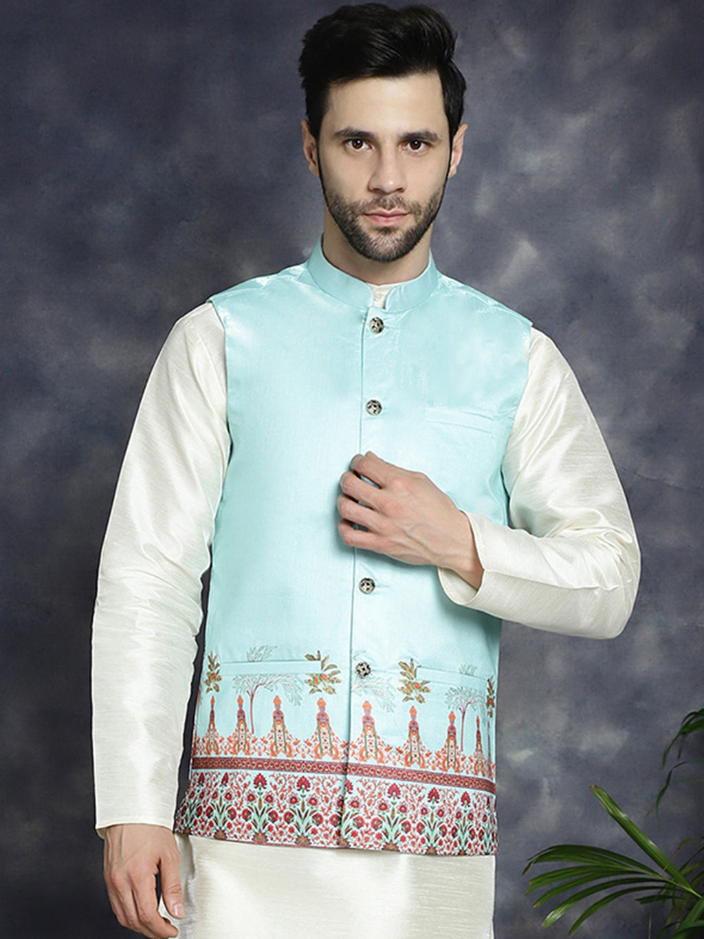 Jompers Men's Printed Nehru Jacket - Sky Blue | Grocsy