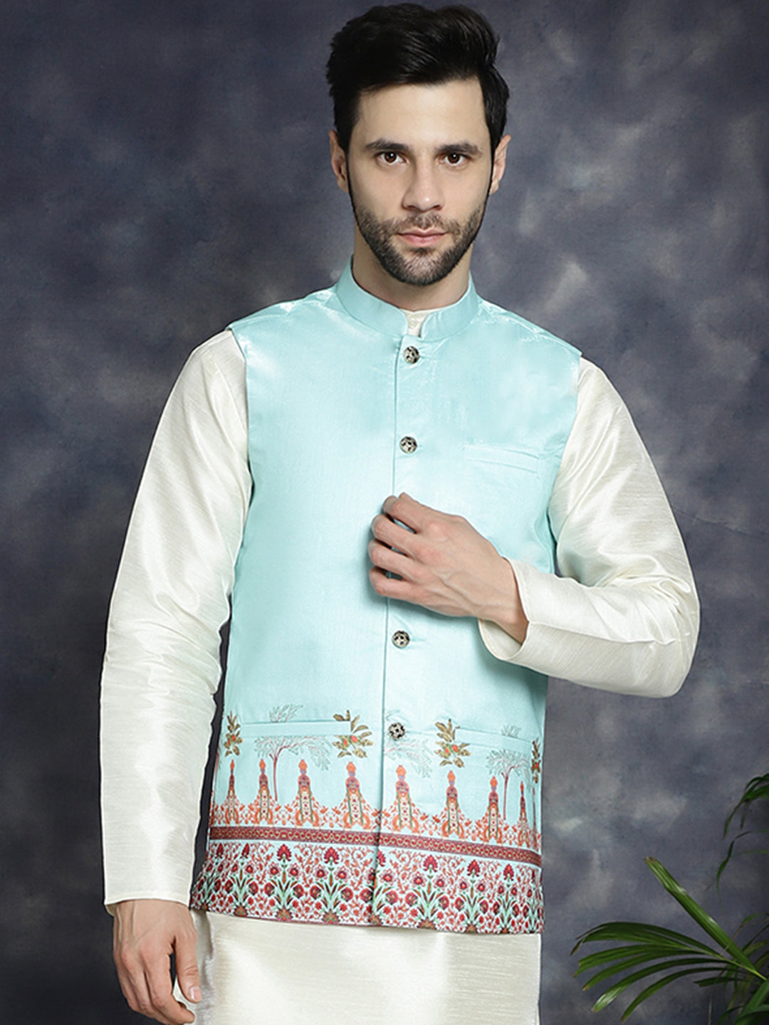 Jompers Men's Printed Nehru Jacket - Sky Blue | Grocsy