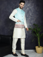 Jompers Men's Printed Nehru Jacket - Sky Blue | Grocsy