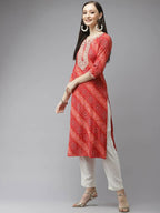 Yufta Women Red Bandhani Printed Regular Gotta Patti Kurta with Palazzo & With Dupatta | Grocsy