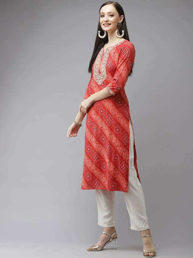 Yufta Women Red Bandhani Printed Regular Gotta Patti Kurta with Palazzo & With Dupatta | Grocsy
