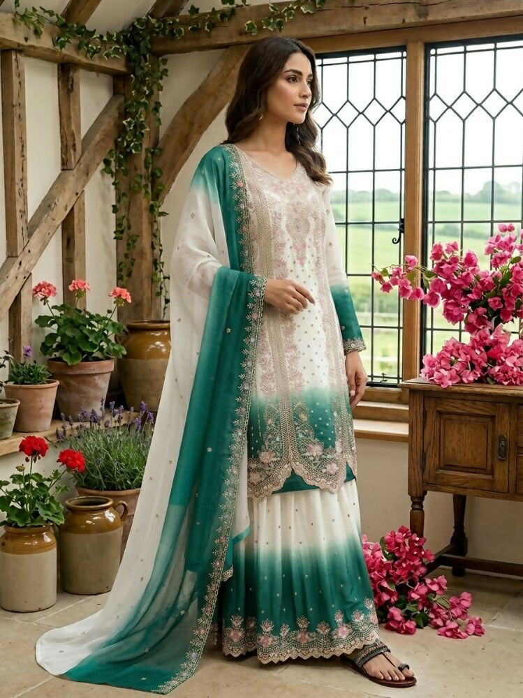 Teeya Creation New Trending Heavy Dual Tone Peding Star Georgette Green Kurta Set | Grocsy