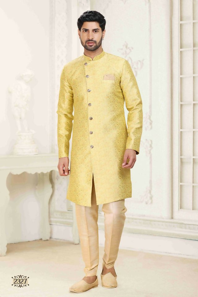 Raivat Ethnic Banarasi Jacquard Embroidery Semi Indo Western Sherwani In Cream Gold Colour | Grocsy