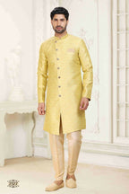 Raivat Ethnic Banarasi Jacquard Embroidery Semi Indo Western Sherwani In Cream Gold Colour | Grocsy