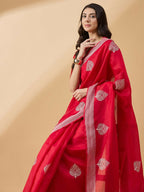 Red Cotton Blend Thread Embroidered Saree with Unstitched Blouse - Satya | Grocsy