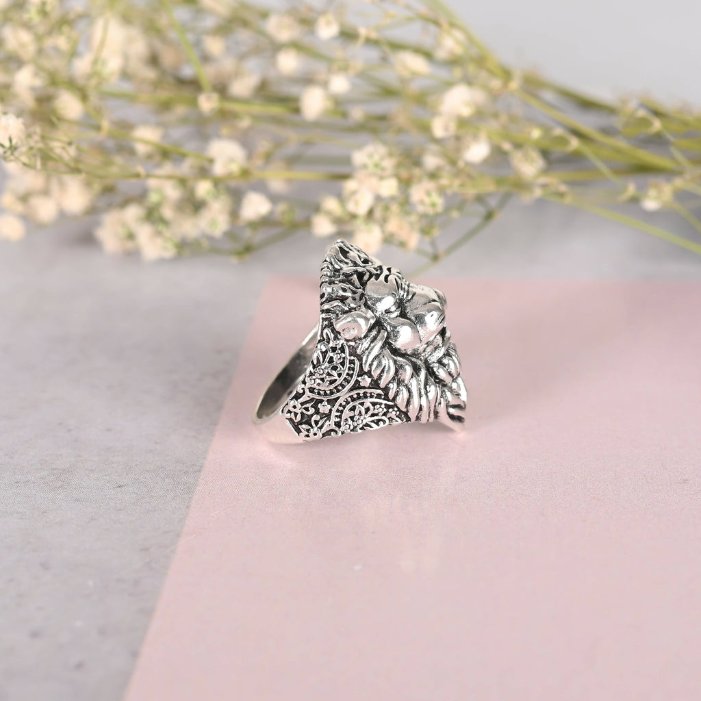 NVR Men Silver-Plated Lion Face Finger Ring | Grocsy