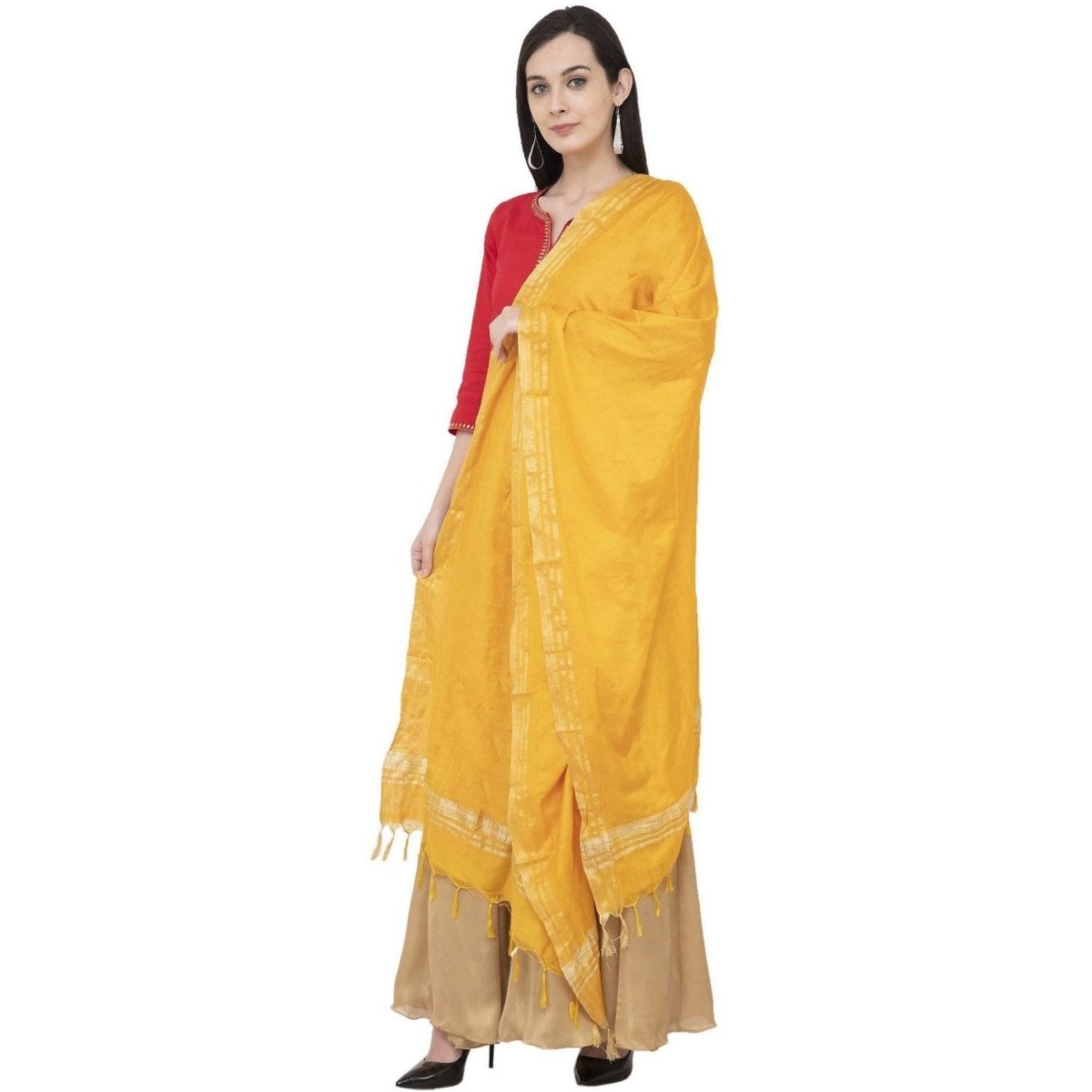 A R Silk Golden Border Regular Dupatta Color Yellow Dupatta or Chunni | Grocsy