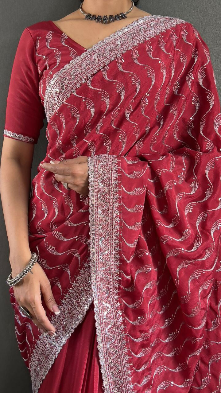 Vastranavya Pink Chinnon Silk Embroidery Multi Sequence & Arco Cut Work Ready to Wear Saree | Grocsy