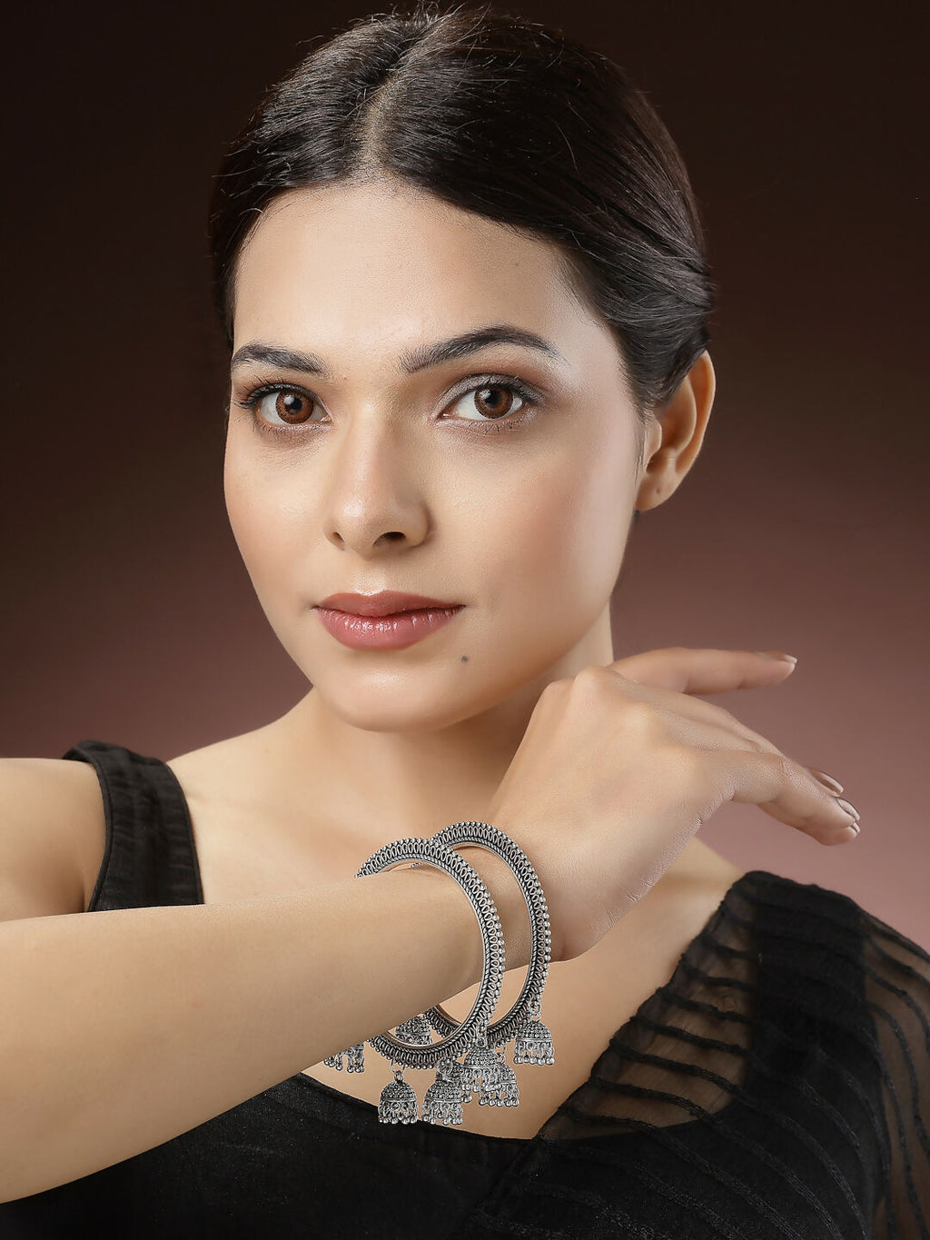 NVR Women's Set of 2 Silver-Toned German Silver Oxidised Bangle