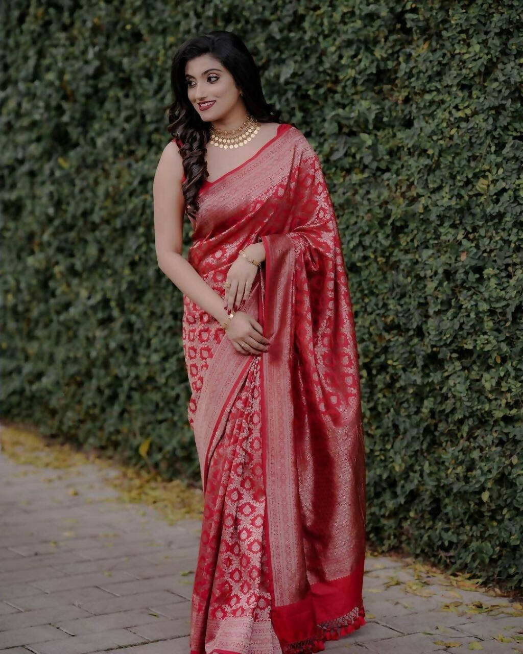 DEIANA'S Beautiful Designer Golden zari Soft Lichi Silk Saree - Red | Grocsy