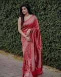 DEIANA'S Beautiful Designer Golden zari Soft Lichi Silk Saree - Red | Grocsy