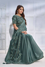 Sea Green Crepe satin silk Cord & Sequence Embroidered with Stone work Saree - Mohmanthan Majestica | Grocsy
