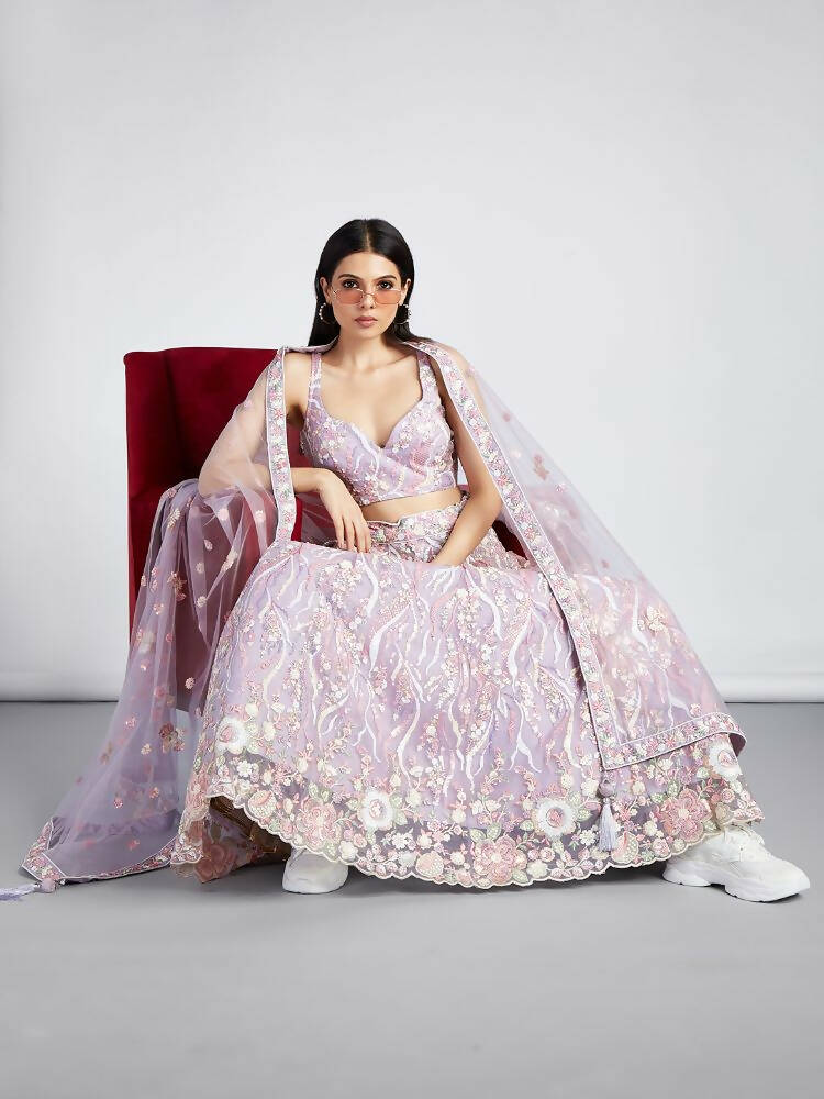 House of Panchhi Mauve Net Sequins And Thread Embroidery Lehenga Choli & Dupatta | Grocsy