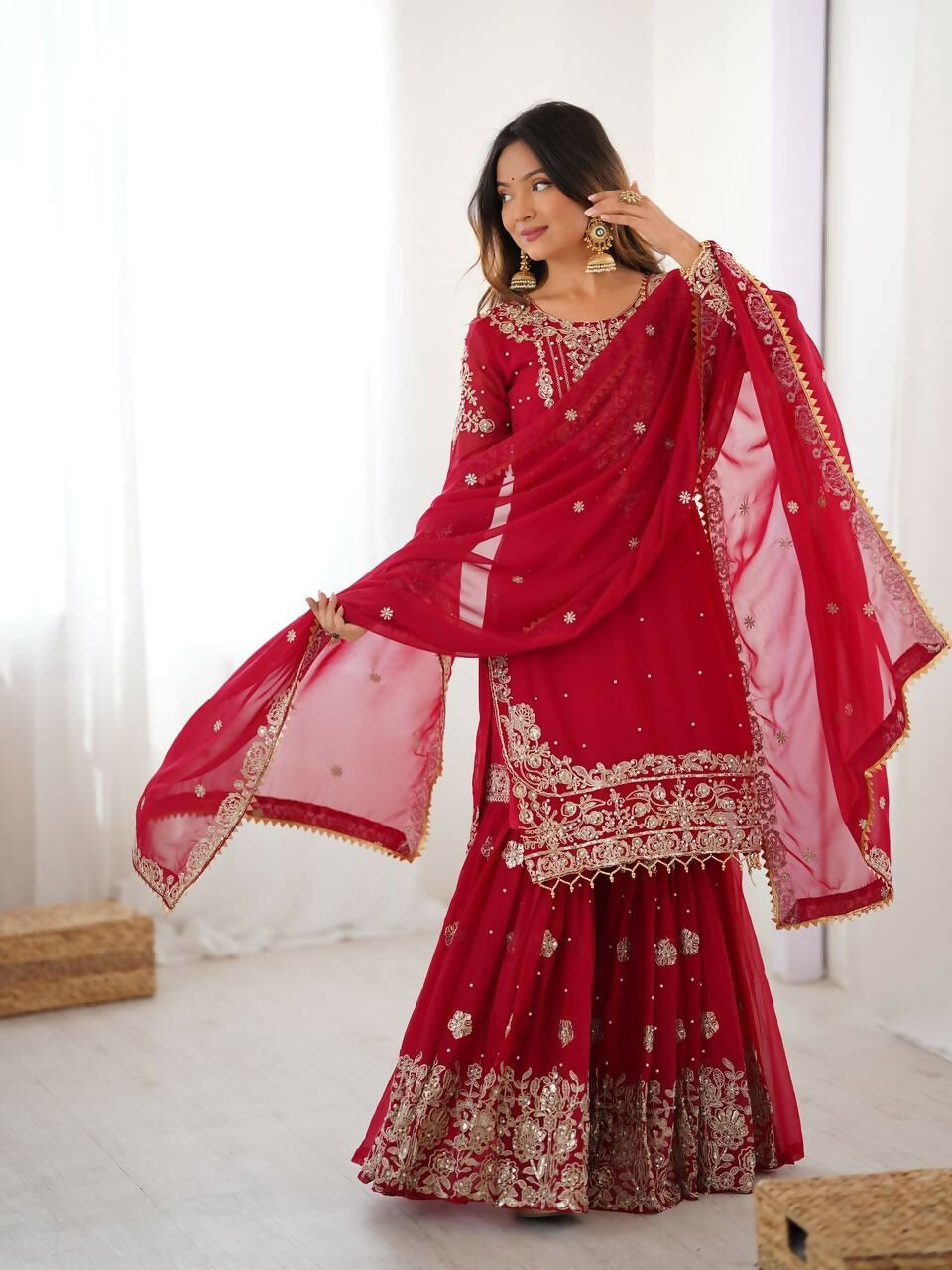 Teeya Creation Red Color Faux Georgette Embroidery Work Wedding Wear Sharara | Grocsy