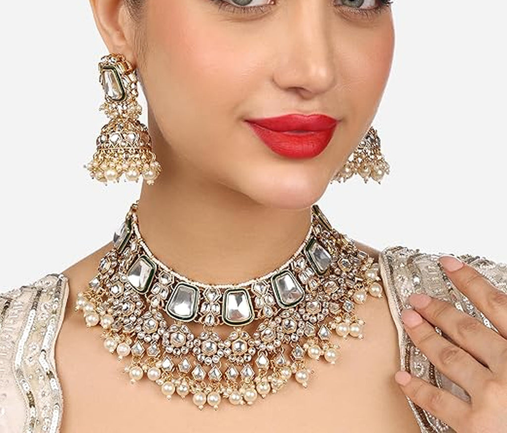 Jewel City Traditional Handcrafted Kundan Pearl Choker Necklace Set with Jhumka Earrings and Maang Tikka – Bridal Jewelry Set | Grocsy