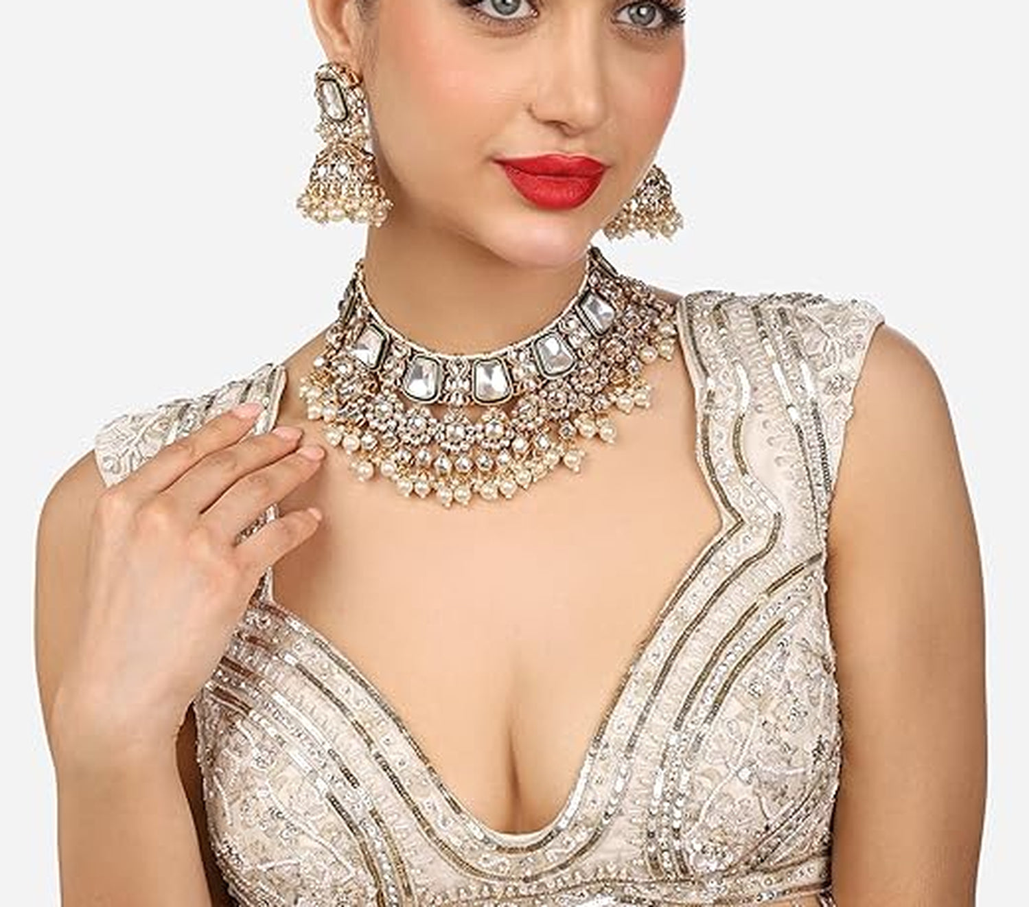 Jewel City Traditional Handcrafted Kundan Pearl Choker Necklace Set with Jhumka Earrings and Maang Tikka – Bridal Jewelry Set | Grocsy